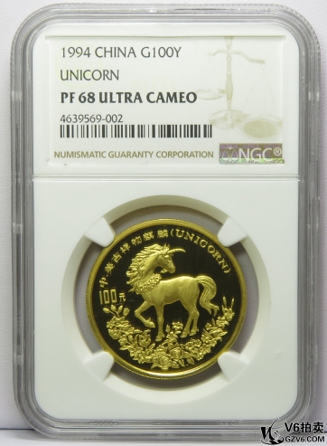 Lot95-156: NGC-PF68-1994年麒麟送子1盎司金幣 無盒證